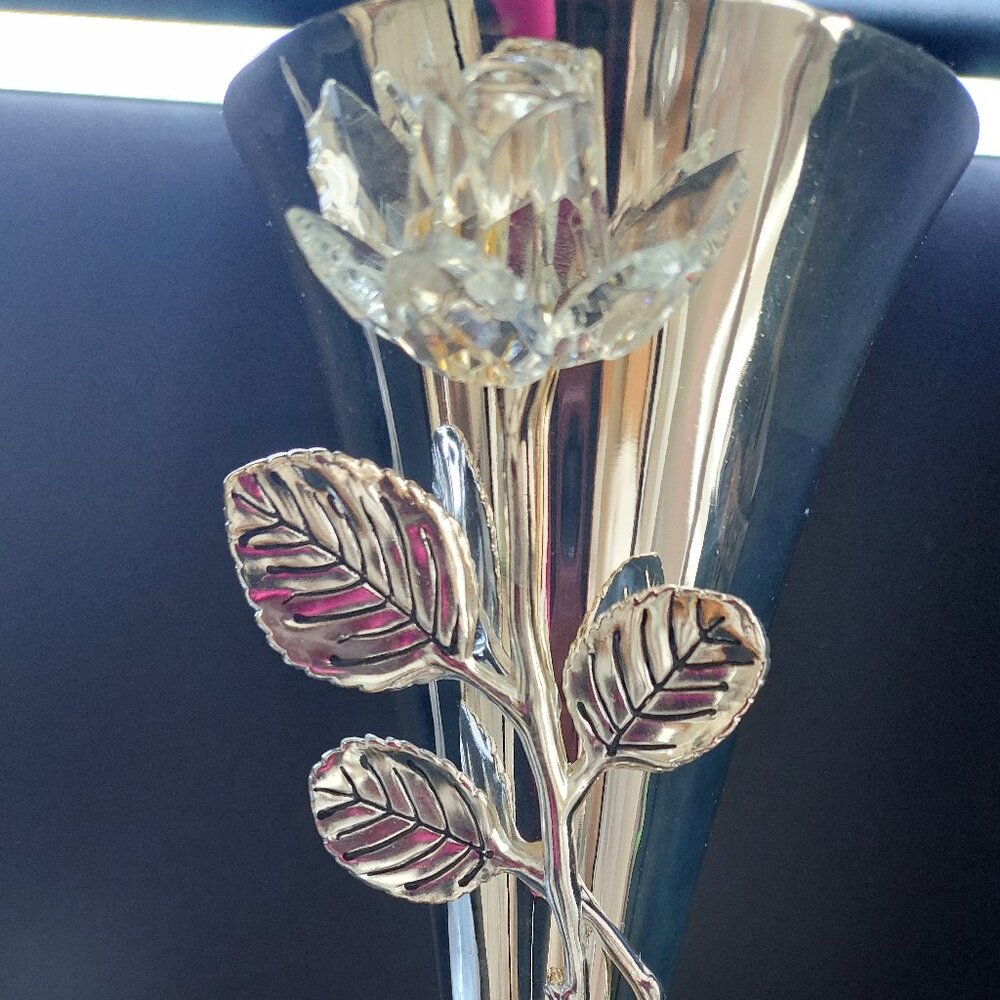 Brilliant Crystal Rose and silver Bud vase